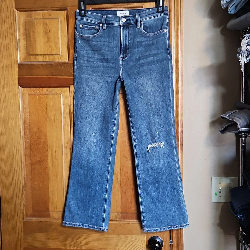 Pistola High-Rise Kick Flare Cropped Distressed Denim Jeans - Picture 2 of 11